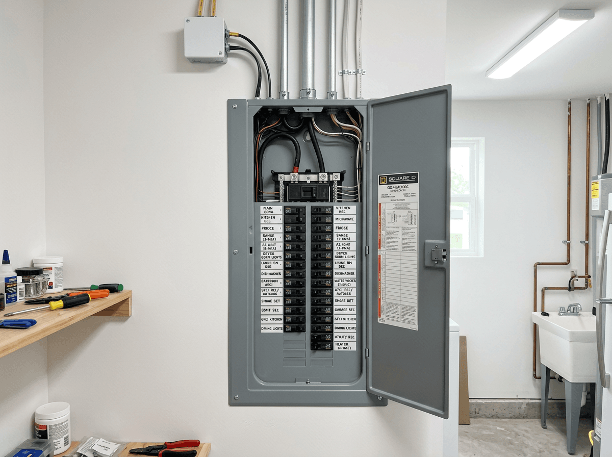 New 200-amp Square D electrical panel with neatly labeled circuit breakers