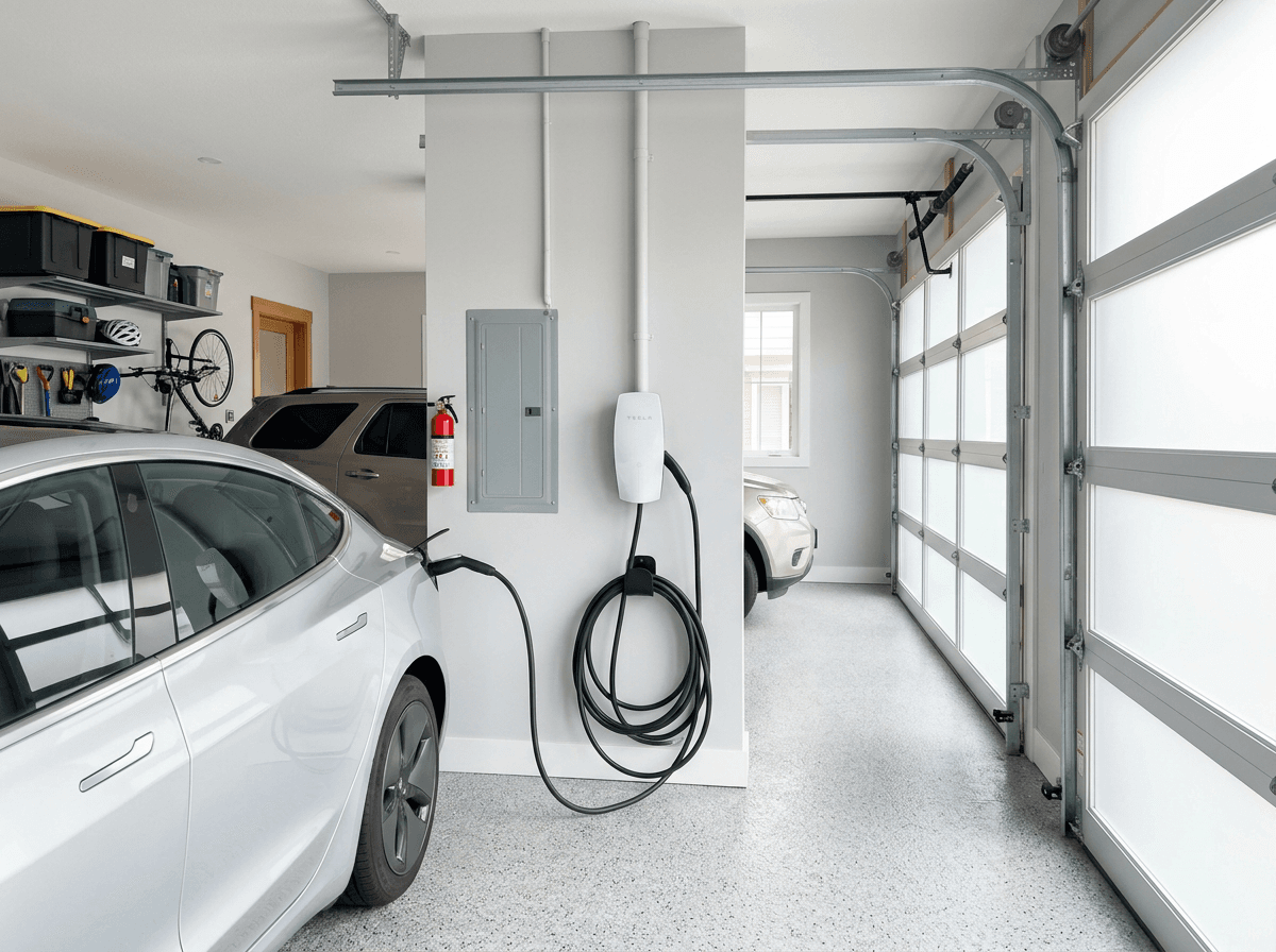 Level 2 EV charger mounted on garage wall with clean wire management
