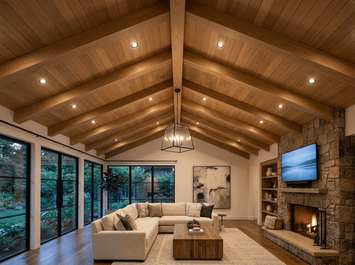 Recessed LED lighting in a vaulted living room ceiling