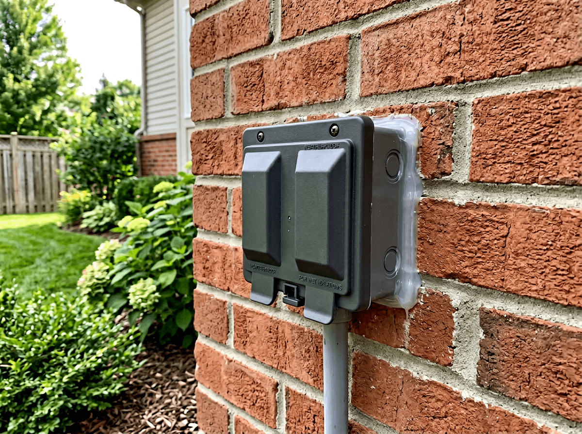 Outdoor weatherproof outlet installed on brick exterior