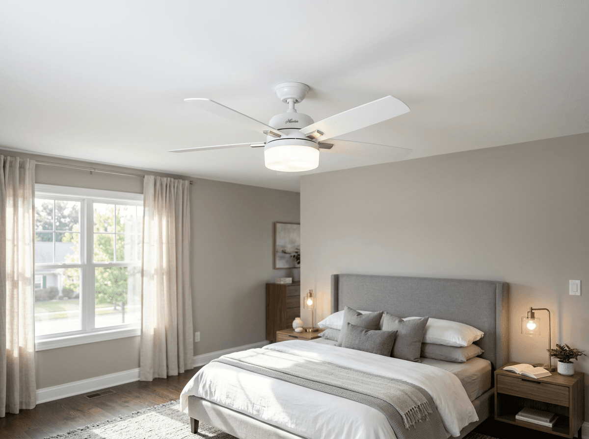 New ceiling fan installed and wired in a modern master bedroom