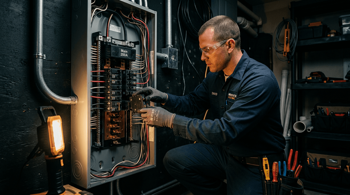 Licensed electrician working on residential panel in Bentonville AR