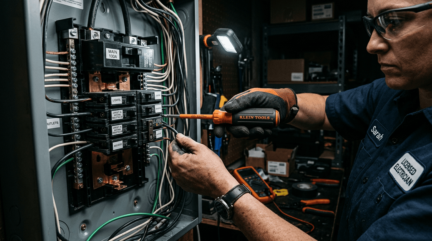 Licensed electrician upgrading a 200-amp residential electrical panel